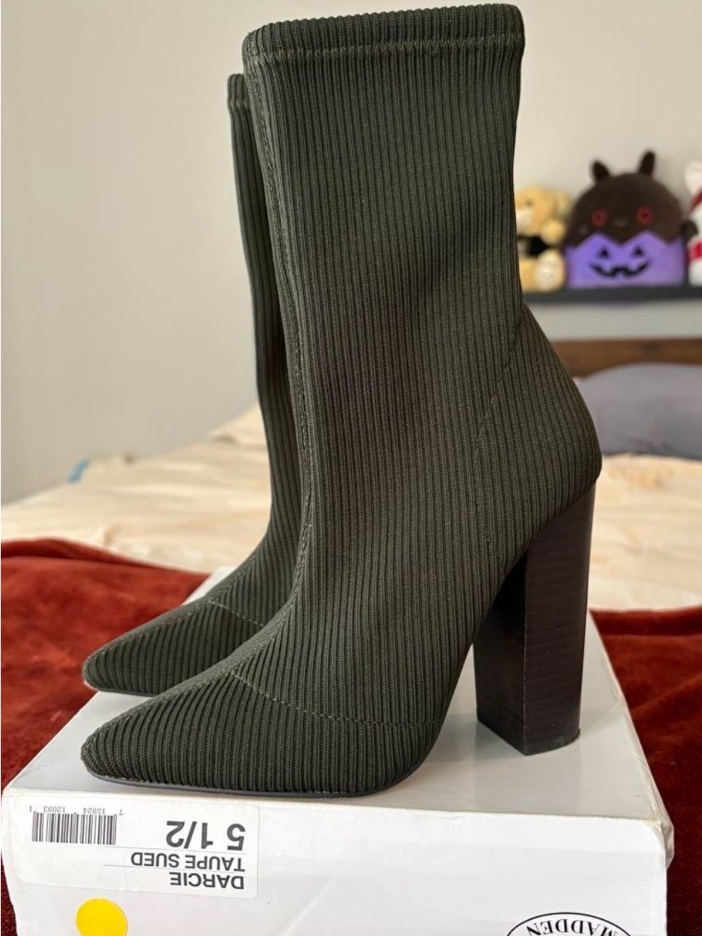 Steve Madden Y2K Stretch Knit Sock Booties in Olive Green